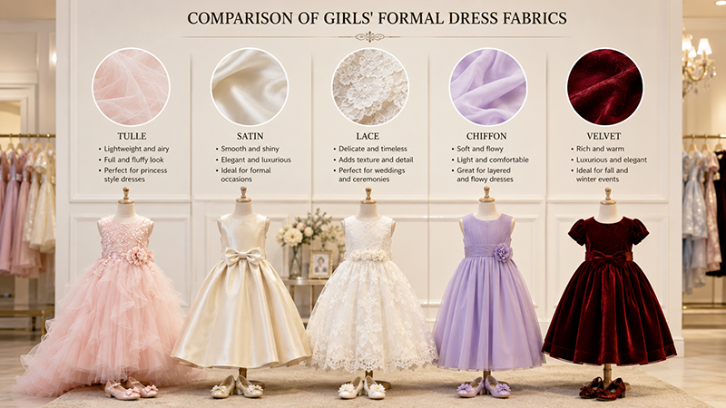 Comparison of fabrics and styles used for girls' formal dresses for different occasions.