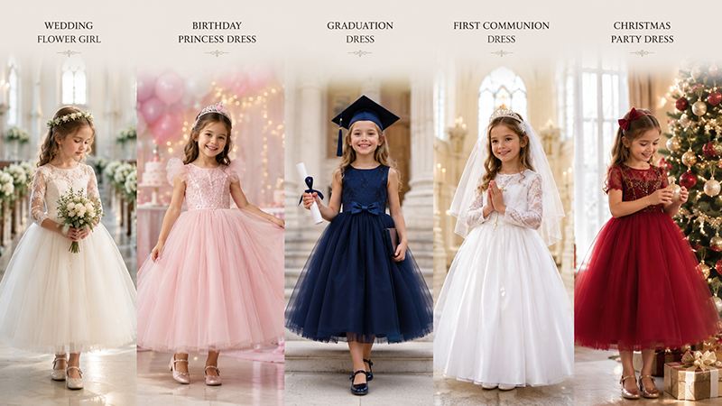 Comparison of girls' formal dresses for weddings, birthdays, graduations, religious ceremonies and holiday celebrations.