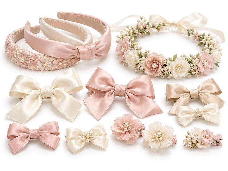 Children’s hair bows, bags, hats, bow ties, suspenders and socks displayed on a white background