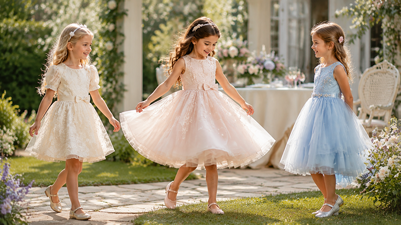 Designer selecting soft tulle, satin and lace fabrics for girls party dresses