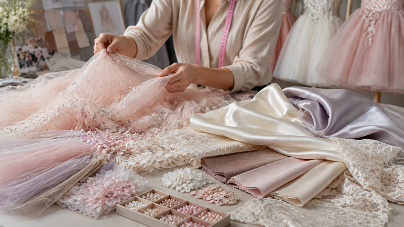 Designer selecting soft tulle, satin and lace fabrics for girls party dresses