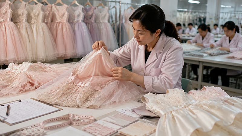 Quality inspector checking the lining and construction of girls party dresses