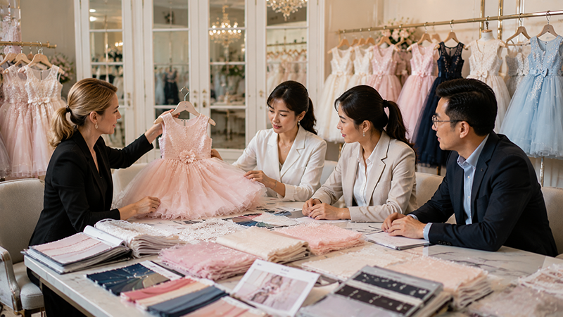 Wholesale buyer reviewing girls party dress samples with a children’s clothing manufacturer
