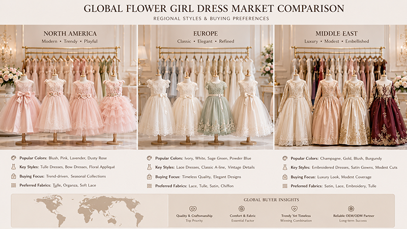 Comparison of flower girl dress styles preferred by wholesale buyers in North America, Europe and the Middle East.