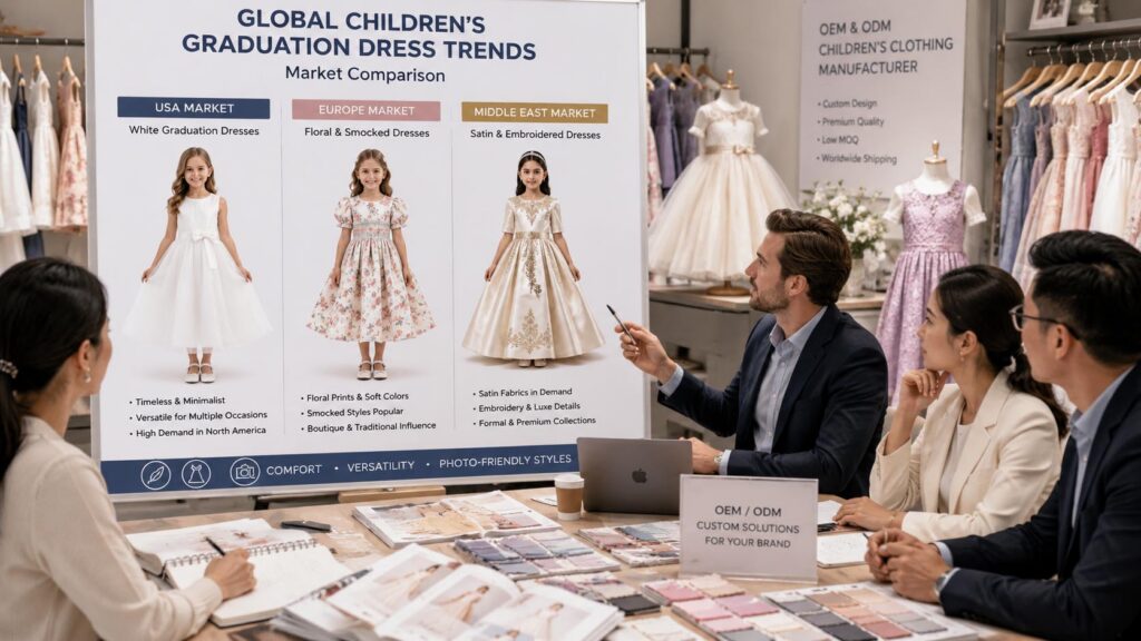 Global graduation dress market trends comparison for retailers showing popular styles in USA Europe and Middle East