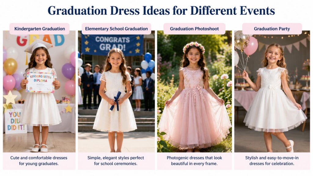 Graduation dress ideas for kindergarten graduation, elementary school ceremony, photoshoot and graduation party