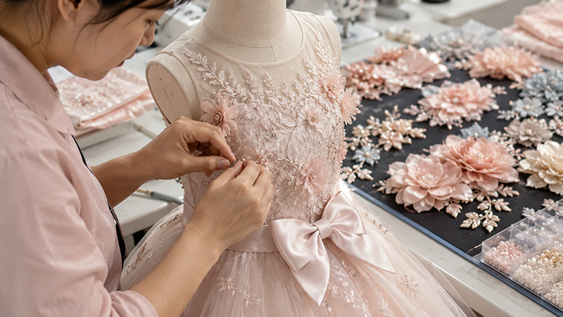 Worker attaching pearls and 3D floral appliqués to a premium flower girl dress