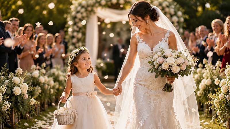 Happy flower girl walking hand in hand with the bride after a wedding ceremony