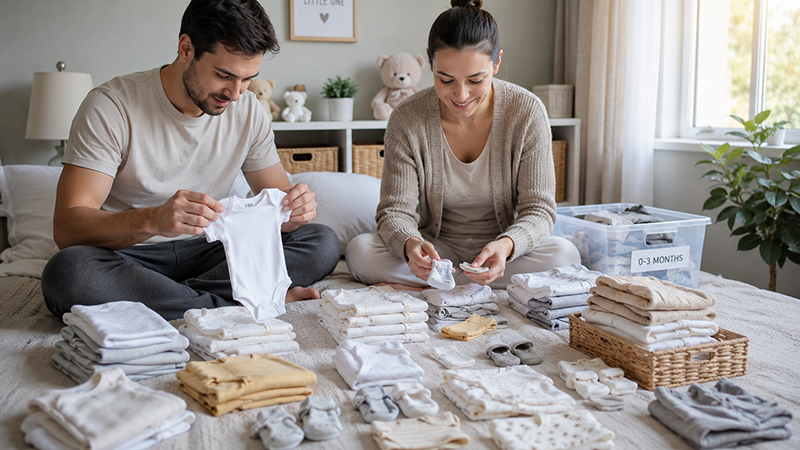 Baby wardrobe essentials organized in a nursery for new parents preparing for a newborn.