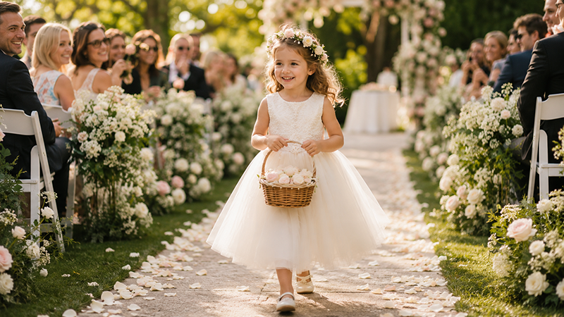 Flower girl walking down a wedding aisle in an ivory tulle dress carrying a flower basket