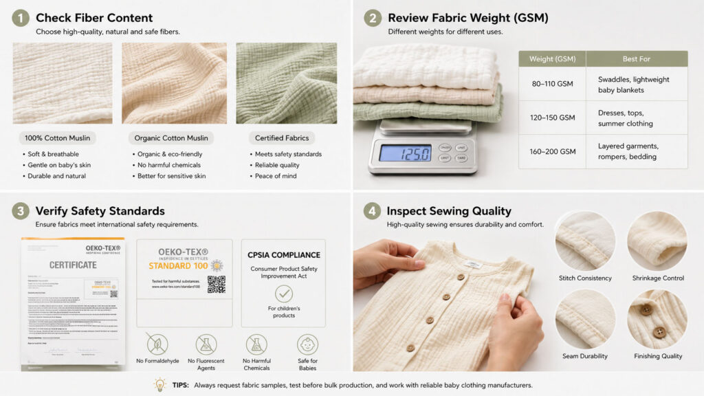 Muslin fabric quality inspection for baby clothing including texture testing safety certification and sewing quality check