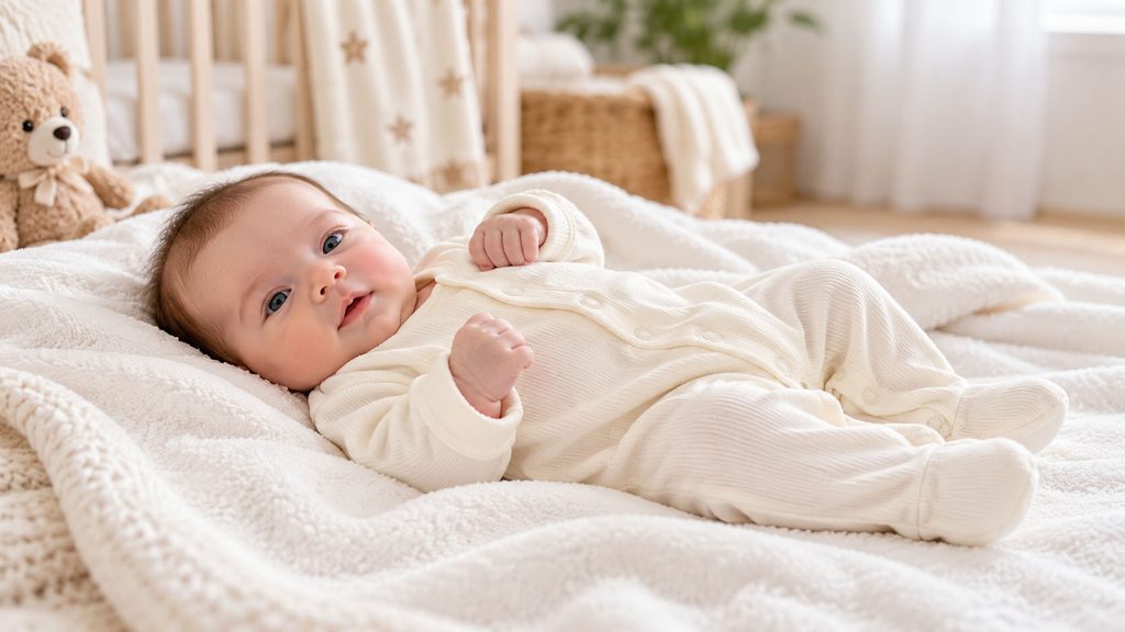 Newborn baby wearing a warm cotton outfit for winter