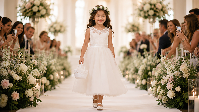Flower girl wearing a properly fitted flower girl dress at a wedding