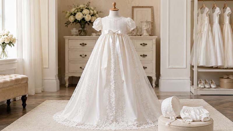 Traditional infant Baptism gown with long lace skirt and satin ribbon details