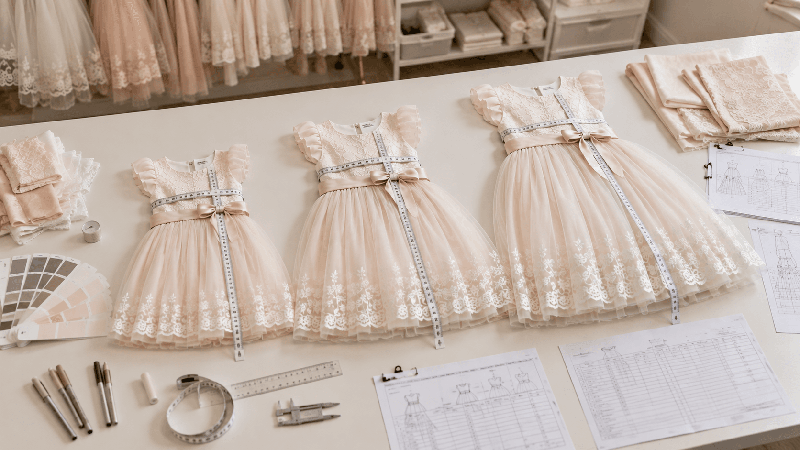 Graduated girls’ dresses arranged by size to show a practical wholesale kidswear size mix