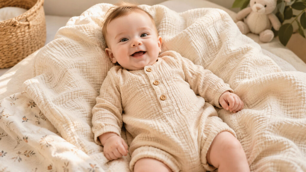 Baby wearing soft muslin romper on breathable cotton muslin blanket