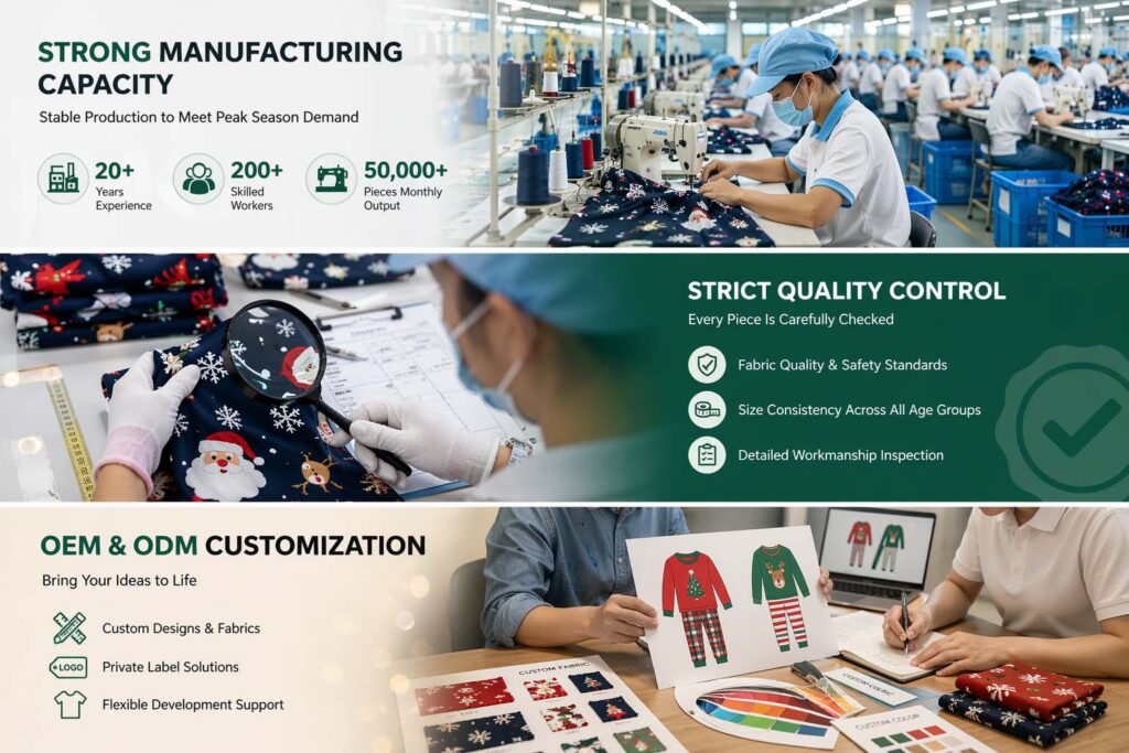 kids clothing factory production line, quality control inspection and OEM customization services for reliable Christmas pajama supplier