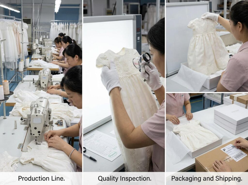 kids clothing production capacity quality control packaging workflow factory