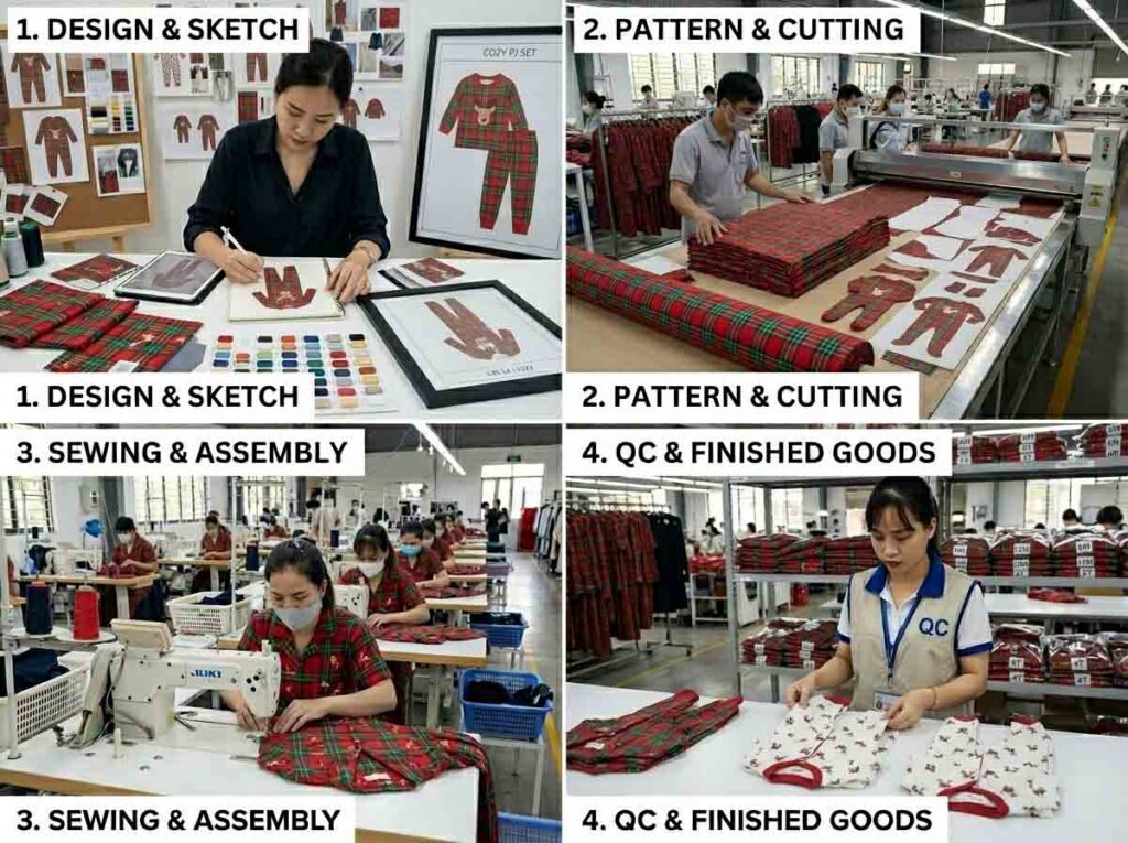 kids clothing production process design sampling bulk production