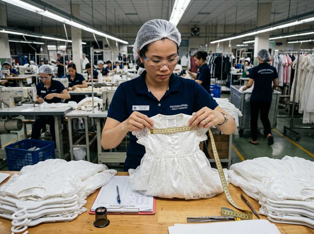 kids clothing quality inspection checking stitching and size factory