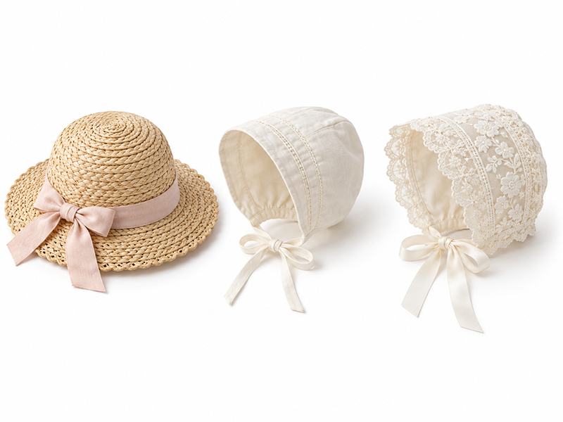 Children’s woven sunhat with cotton and lace baby bonnets on a white background