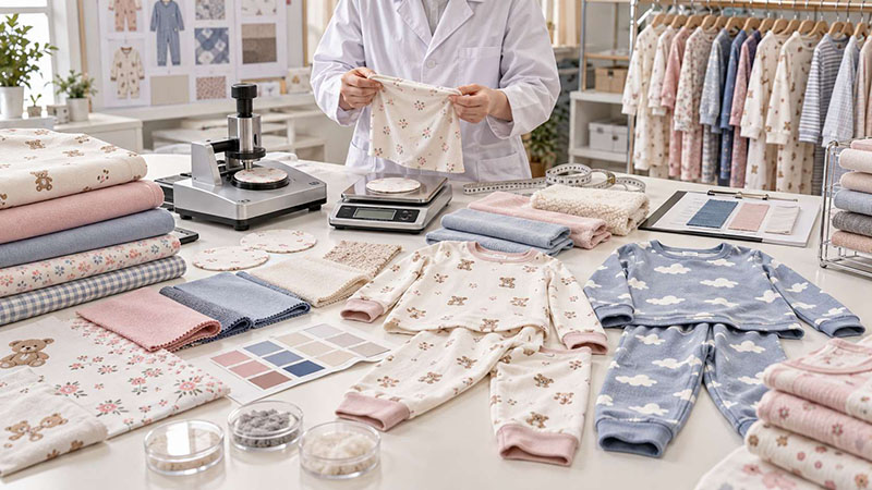 Kids' pajama fabric quality testing for weight, stretch and consistency