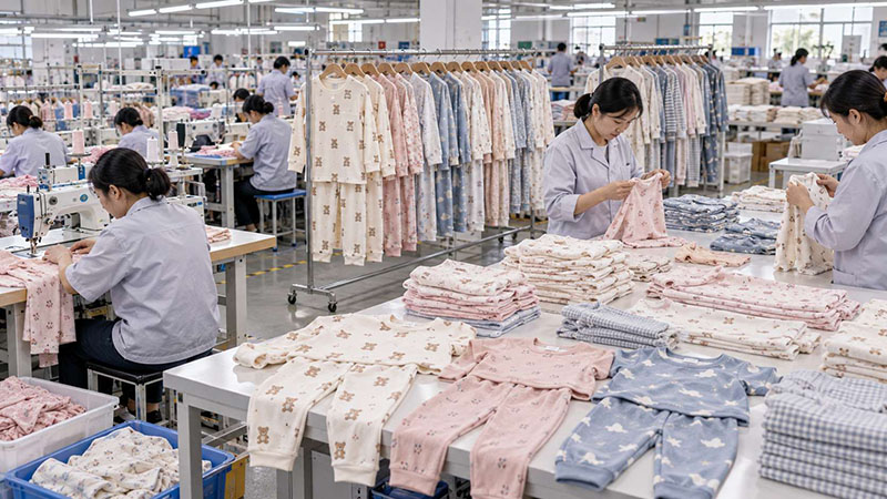 Kids' pajama bulk production and quality inspection in a clothing factory