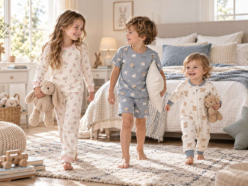 Children wearing kids’ pajamas in a comfortable bedroom setting