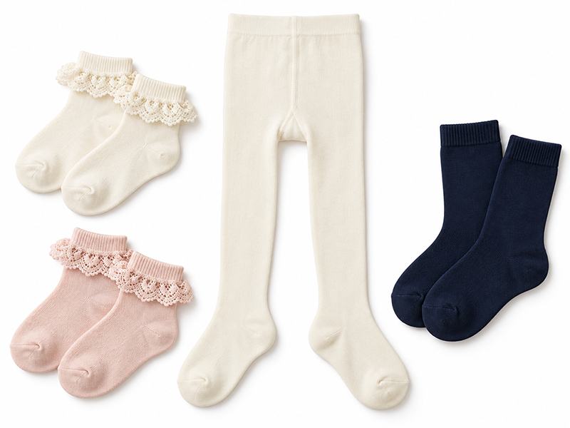 Children’s lace-trim socks, boys’ dress socks and girls’ tights on a white background