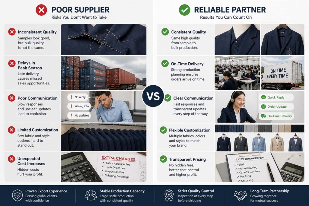 kids suits supplier comparison poor quality vs reliable manufacturer