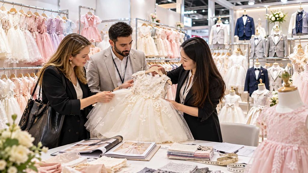 International wholesale buyer discussing children's clothing samples and sourcing requirements with a Chinese manufacturer.