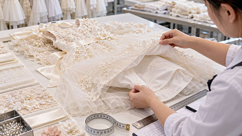 Quality inspection of lining and seams on an embroidered girls' dress