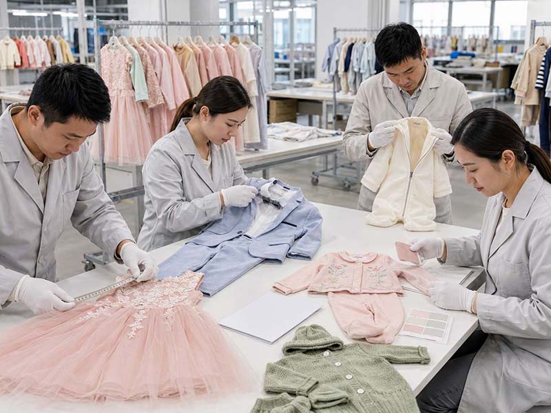 Quality control team inspecting finished children’s clothing for consistent quality