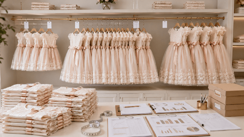 Children’s clothing arranged by size for wholesale inventory replenishment and reorder planning