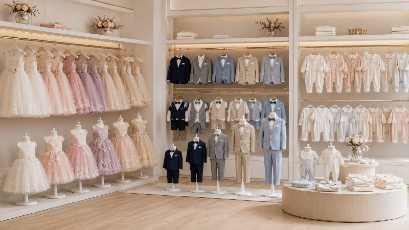 Girls’ dresses, boys’ formalwear and babywear displayed in different sizes for wholesale kidswear planning