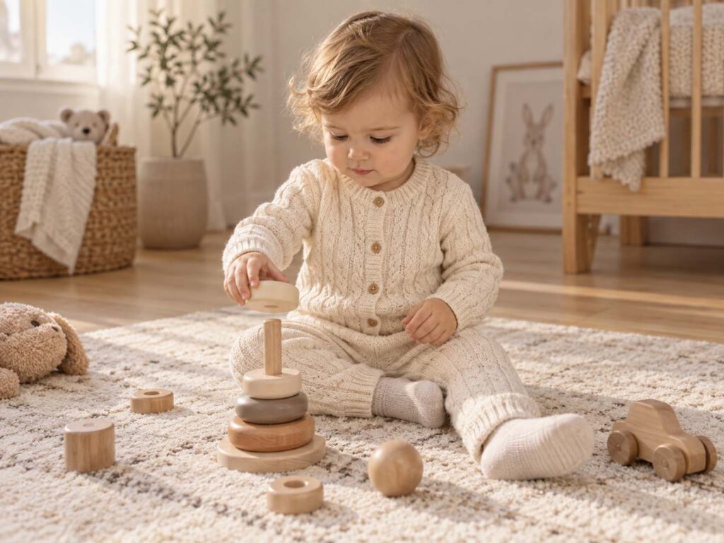 Toddler wearing a cream cable-knit cardigan and matching trousers