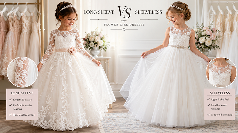 Long sleeve and sleeveless flower girl dresses displayed side by side for wedding style comparison