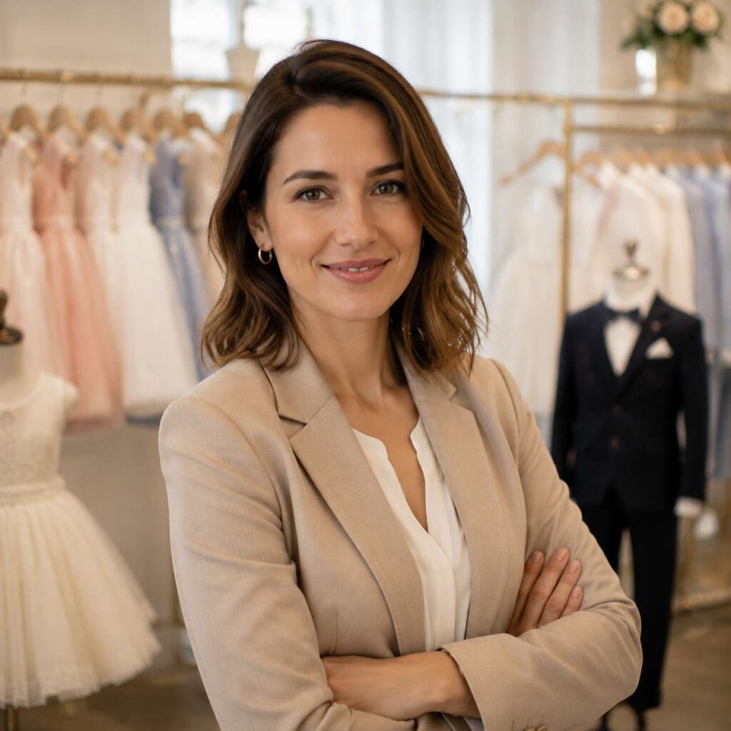 Portrait of a boutique buyer working with children's fashion supplier