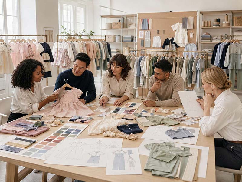 Kidswear design team developing new girls’, boys’ and baby clothing styles
