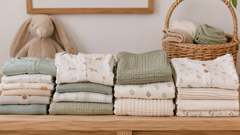 Folded cotton bodysuits, sleepers, and baby clothing essentials for everyday use.