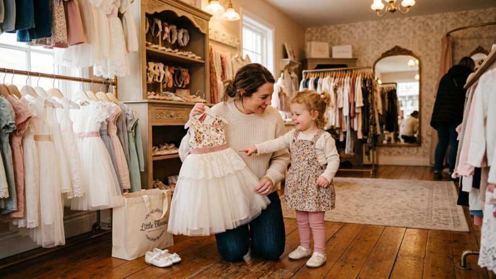 mother buying toddler dress in boutique