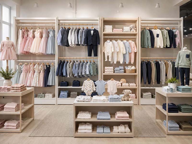 Wholesale kidswear collection featuring girls’ dresses, boys’ suits and babywear