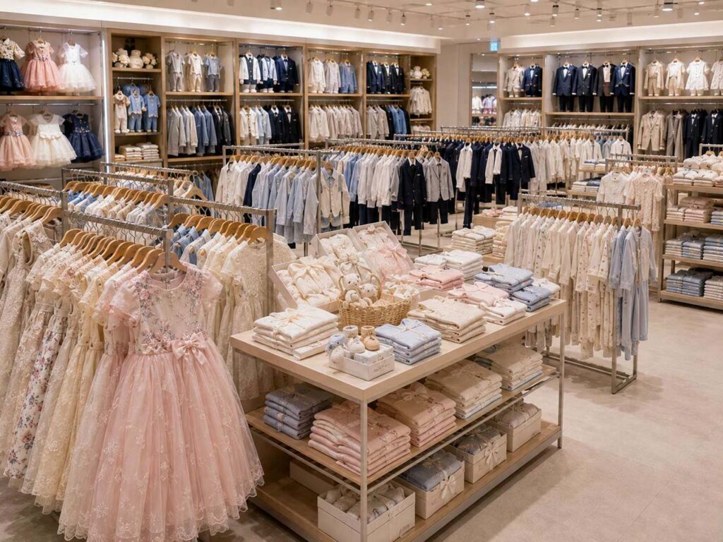 Multi-category kidswear sourcing showroom with girls' dresses, boys' clothing and babywear