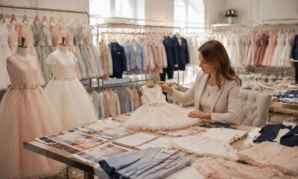Multi-store children's retailer selecting wholesale dresses and suits