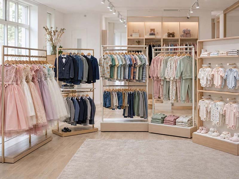 Multi-store kidswear sourcing showroom with girls’, boys’ and baby clothing