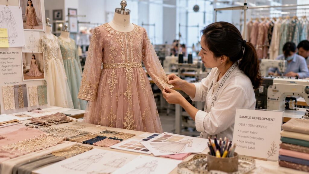 Muslim girls dress sampling process for Middle East buyers
