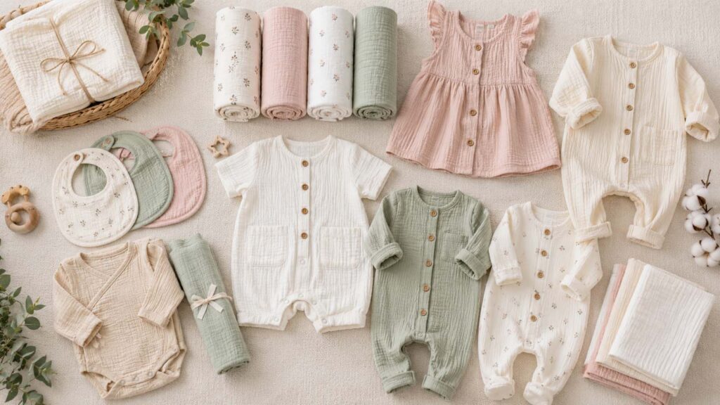 Muslin baby clothing collection including swaddles rompers dresses and pajamas Caption
