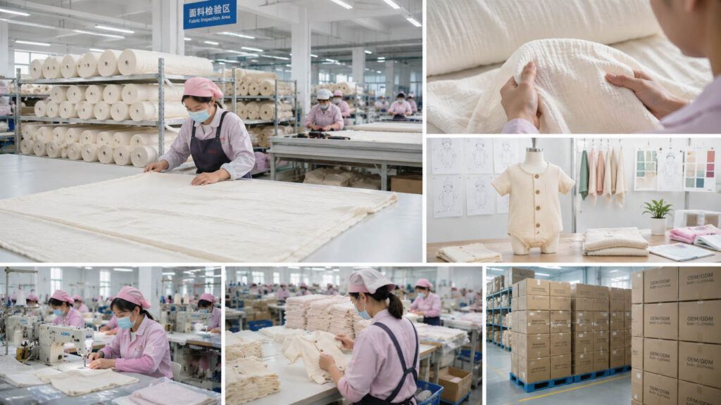 Muslin baby clothing production process in childrenswear factory
