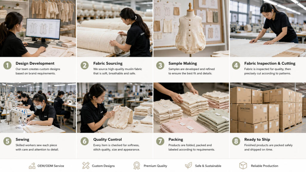 Muslin fabric manufacturing process for baby clothing including inspection sampling sewing and quality control