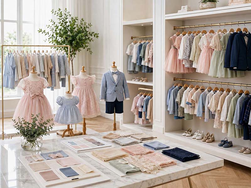 Designer developing custom children’s clothing with fabrics and color cards